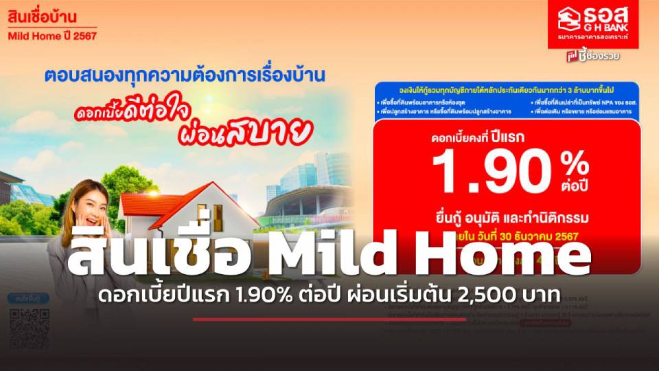 ธอส. ช่วยคนไทยมีที่อยู่อาศัย ออกสินเชื่อ Mild Home อัตราดอกเบี้ยปีแรกเพียง 1.90% ต่อปี ผ่อนเริ่มต้นเพียง 2,500 บาท/เดือน