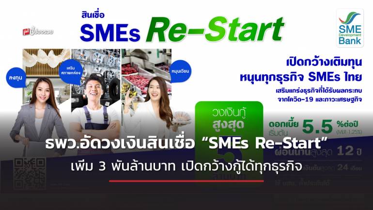 ธพว.อัดวงเงินสินเชื่อ “SMEs Re-Start” เพิ่ม 3 พันล้านบาท เปิดกว้างกู้ได้ทุกธุรกิจ หนุน SME เต็มสูบ