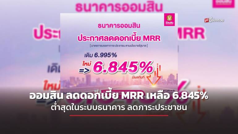 ธ.ออมสินประกาศลดดอกเบี้ย MRR เหลือ 6.845% อัตราต่ำสุดในระบบธนาคาร ลดภาระประชาชนตามนโยบายรัฐ